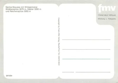 Gerlos - Stausee — widok jeziora z szczytami Wildkarspitze i Reichenspitze — Franz Milz Verlag — Rewers