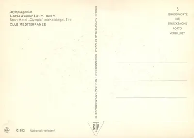 Olympiagebiet Axamer Lizum — Hotel Sportowy „Olympia“ z Kalkkögel, Tyrol — Tiroler Kunstverlag Chizzal — Rewers