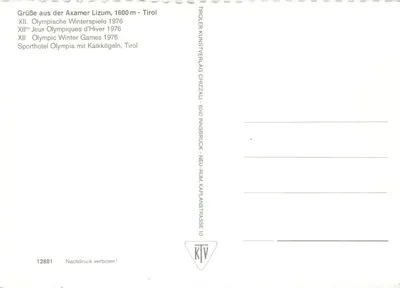 Axamer Lizum, 1600 m - Tirol — Sporthotel Olympia avec les montagnes enneigées — éditeur Tiroler Kunstverlag Chizziali — Verso