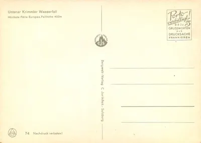 Unterer Krimmler Wasserfall — Najwyższy wodospad Europy, wysokość spadku 400m — Wydawnictwo Bergwelt C. Jurischek, Salzburg, n°74 — Rewers