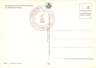 Widok z wejścia do jaskini Beißzangensteig — Największa lodowana jaskinia — wydawca DR. FRIEDRICH OEDL-HAUSER, Salzburg — Rewers