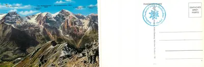 Panorama Alp — śnieżne szczyty i zagięte drogi — wydawca Goldbacher, n° 198 — Rewers