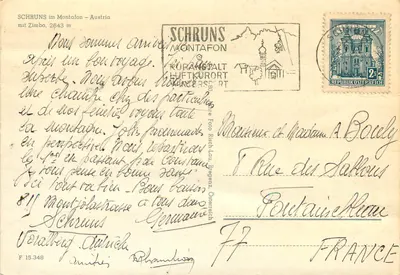Schruns im Montafon — alpejskie wioski z górami na tle — wydawca F. 15.348 — Rewers