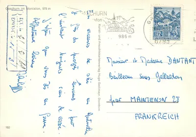 Gashurn im Montafon — vista invernal com igreja e hotel — Kunst- und Ansichtskartenverlag Hugo Sedlmayr, Dornbirn, n°182 — Verso