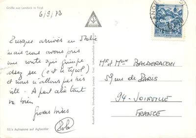 Landeck w Tyrolu — widok stacji teleferycznej, budynku Kleiderwerk Steiner, katedry i krajobrazu — wydawca R. Mathis, nr 53/a — Rewers