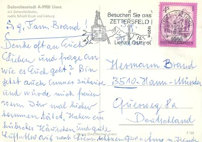 Lienz-Tirol — panorama widoku z teleferyką, zamek i historyczne budynki — Verlag Dina Mariner, Lienz — Rewers