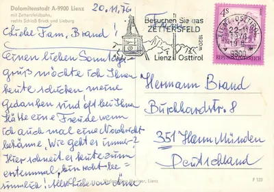 Lienz-Tirol — widok panoramiczny z teleferyką, zamek i historyczne budynki — Verlag Dina Mariner, Lienz — Rewers