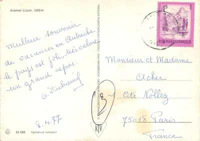 Axamer Lizum, 1600 m — widok zimowej góry z chatką — TIROLER KUNSTVERLAG CHIZZALU — Rewers