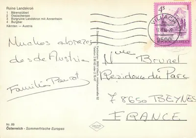 Ruínas de Landskron — Bärenstüberl, Lago Ossiachersee, Castelo — editor Peichár, n° 89 — Verso