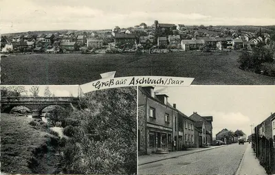 Aschbach/Saar — vista panorâmica com ponte e rua — editor Ferdinand Stein, Plaidt am Rhein