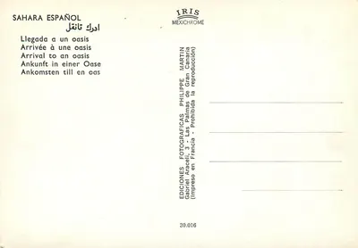 Chegada a uma oásis — Saara espanhol — Edições Iris Mexichrome, n° 30.016 — Verso