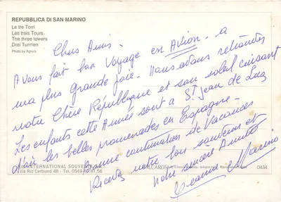 As três torres — San Marino — Editor International Souvenirs, n° 0434 — Verso
