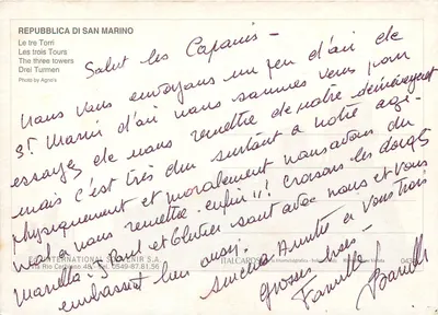 Trzy wieże — San Marino — Wydawca: EC INTERNATIONAL SOUVENIR S.A. — Rewers