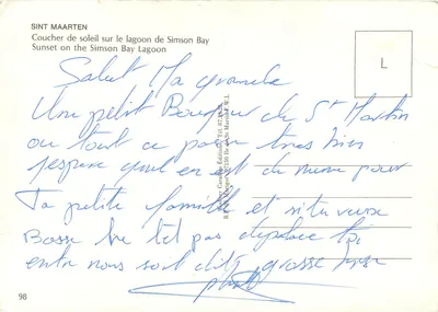 Zachód słońca nad laguną Simson Bay — Sint Maarten — Éditions Caribéennes, n°98 — Rewers
