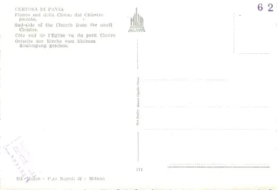 Certosa di Pavia — Widok z południa kościoła z małego klostra — Wyd. Muzio, seria 173 — Rewers
