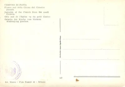 Certosa di Pavia — Widok na południe od kościoła z małego klasztoru — Stink Grafica Cesare Capella-Villano, nr 167 — Rewers