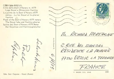 Cervinia Breuil — Cima della Dent d'Herens m. 4179 — Wyd. Escl. Capurso - Quart (Aosta) n°358 — Rewers