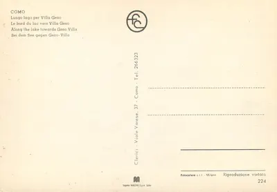 Como — Lago em direção à Villa Geno — Fotocelere s.r.l. Milano — Verso