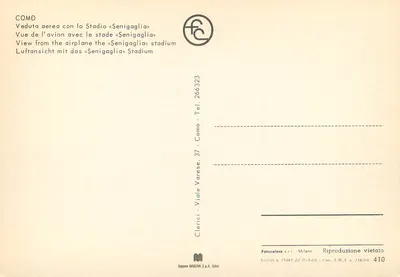 Como — Widok z powietrza z stadionem « Senigaglia » — Fotocelere s.r.l. Milano, n° 410 — Rewers