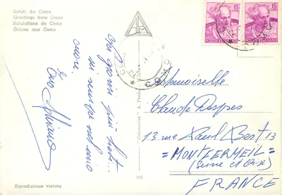 Como — Piazza Cavour, Como e Brunate, Lungolago — editor A. Preda, n°145 — Verso