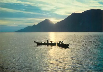 Pescadores em um lago — montanhas ao pôr do sol — Brunner & E., Como, n° 300-010