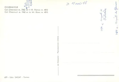 Courmayeur — Col Checrouit m. 1960 and Mt. Blanc m. 4810 — SACAT, n° 679 — Back