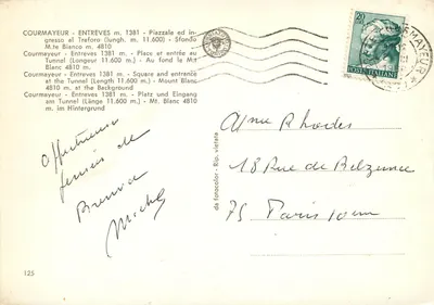 Courmayeur - Entrevès — Plaza y entrada al túnel — editor desconocido, n° 125 — Reverso