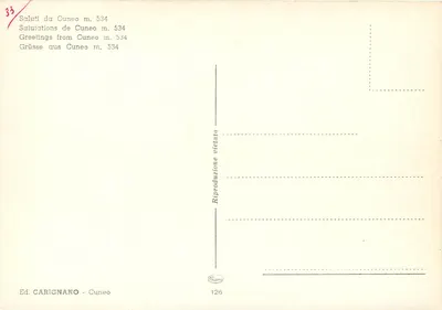 Cuneo — vista panorâmica — Ed. Carignano n° 126 — Verso