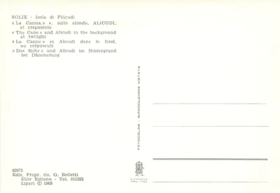 La Canna y Alicudi al atardecer — Editor Elite Eoliana, n° 63975 — Reverso