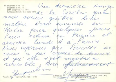 Éruption de l'Etna — 1971 — Fotocine Raby, Taormina — Verso