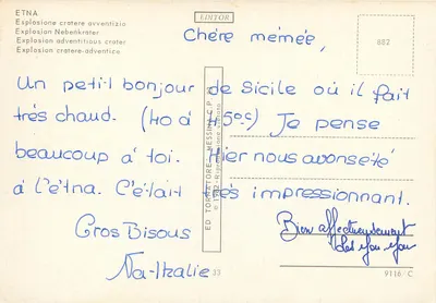 Etna — Erupção do cratério adventício — Ed. Tornatore-Messina, n° 882 — Verso