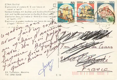 Etna (Sicília) — erupção do cratério Nordeste com lançamento de cinzas e lapilli — Ed. Tornatore - Messina — Verso
