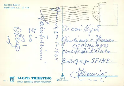 Paquebot Galileo Galilei — 27.500 Tonnes — wydawca LLOYD TRIESTINO, seria GG 4 — Rewers