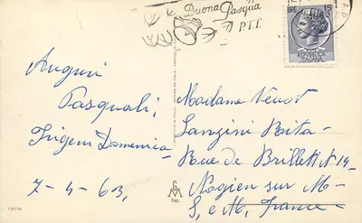 Pejzaż alpiski — Wesołych Świąt Wielkanocnych — Wydane w Włoszech — Rewers