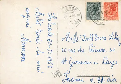 Kwiaty — bukiet błękitnych gentian, czerwonych pionów i białego kwiatu — Buon Compleanno — wydawca S/033 — Rewers