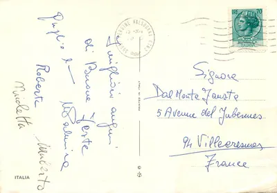 Vierge à l'Enfant — scène de Noël — imprimé sur la carte, éditeur 'PRINTED IN ITALY' et n° de série non visible — Verso