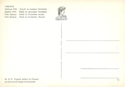 Tafel in florentijnse mozaïek — Galerij Pitti — uitgever F. Marzari Srl-Schio, n°72 — Achterkant