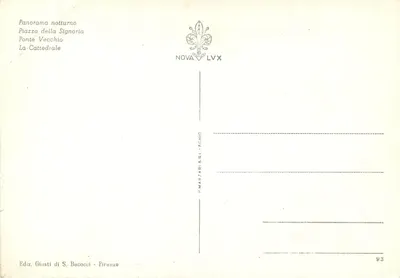 Widok Florencji — panorama nocna, Piazza della Signoria, Ponte Vecchio, Katedra — Wydawca Giusti di S. Bacocci, nr 93 — Rewers