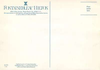 Fontainebleau Hilton — Miami Beach — wydawca Fontainebleau Hilton, nr 4283 — Rewers
