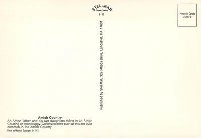 Amish Country — Um pai amish e suas duas filhas em um buggy aberto — Stel-Mar Super Scenics S-52 — Verso