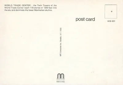 Gorila diante das Twin Towers — I LOVE NEW YORK! — MPC Enterprises Inc. WB-631 — Verso