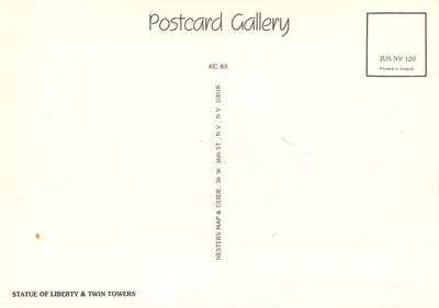 Statua Wolności i Wieże bliźniacze — Postcard Gallery, KC-83 — Rewers