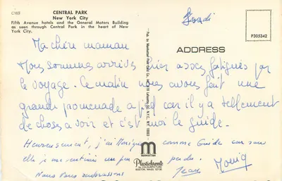 Central Park — widok na hotele Fifth Avenue i budynki General Motors — wydawca Plastichrome — Rewers