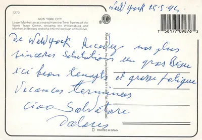 Nowy Jork — widok z lotu nad Dolnym Manhattanem i mostami — wydawca Alfred Maier, n° 1270 — Rewers