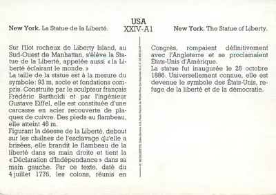 Nowy Jork. Statua Wolności — USA XXIV-A1 — Édito-Service S.A. — Rewers