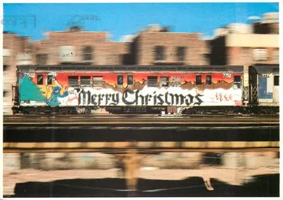 Trem com grafite « Feliz Natal » — Nova Iorque — edição P. JAY + LYNDAH, 1980