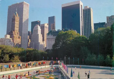 Central Park recreation area — with Midtown luxury hotels and skyscrapers in the background, New York City — Printed in Italy