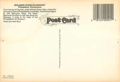 Benjamin Franklin Parkway — widok panoramiczny Philadelphii — wydawca Philadelphia Post Card Co. — Rewers