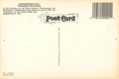 Independence Hall — Filadélfia, Pensilvânia — Philadelphia Post Card Co. n° L-92244-D — Verso