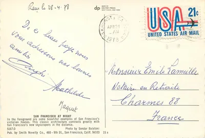 San Francisco w nocy — widok domów wiktoriańskich i skyline — wydawca Smith Novelty Co., nr 5167-D — Rewers